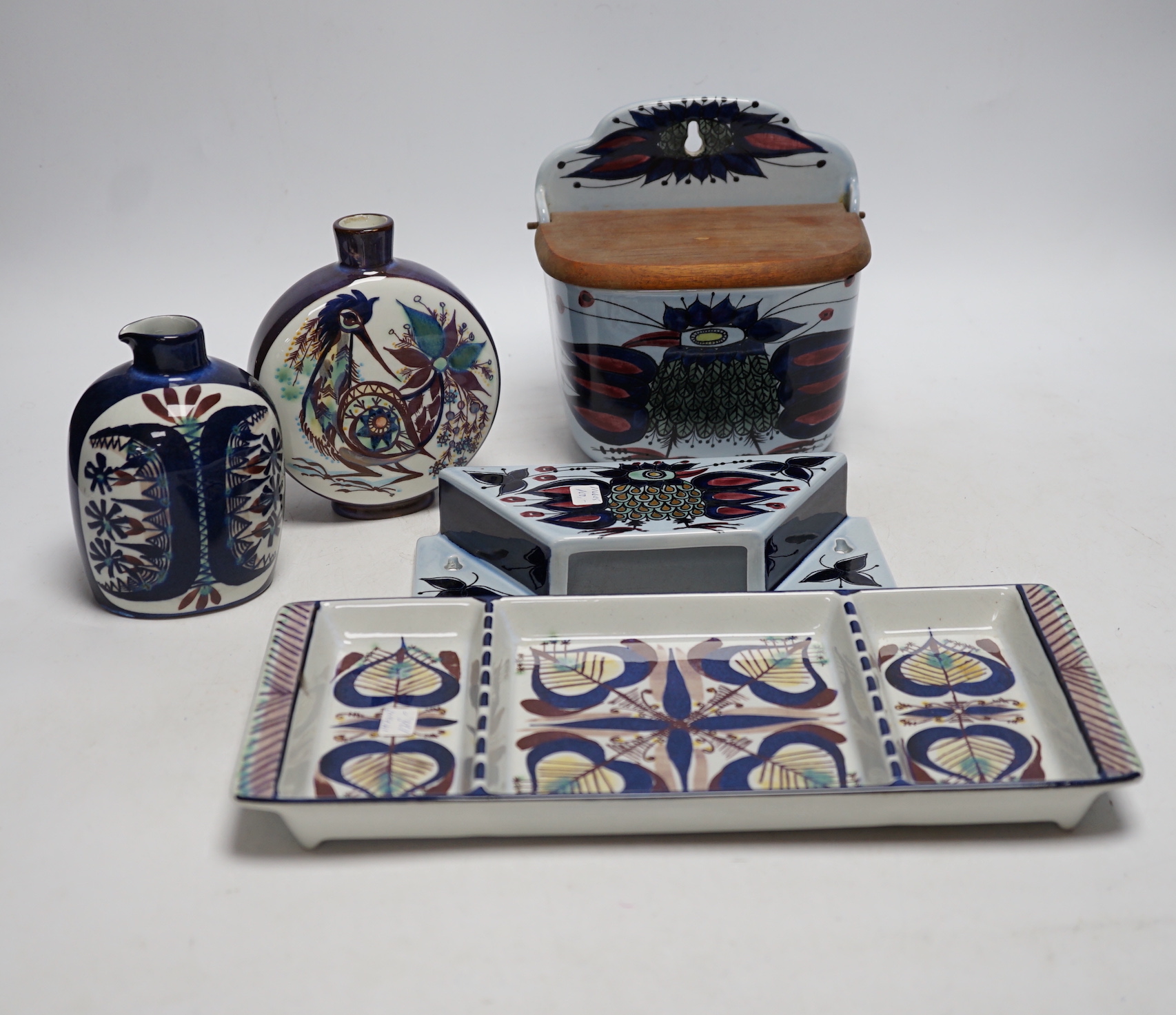 Royal Copenhagen fajance and Alumina wares; a salt pot with wooden cover and wall brisket, a small jug a moon shaped vase and a rectangular three section entrée dish, dish 29cm wide
